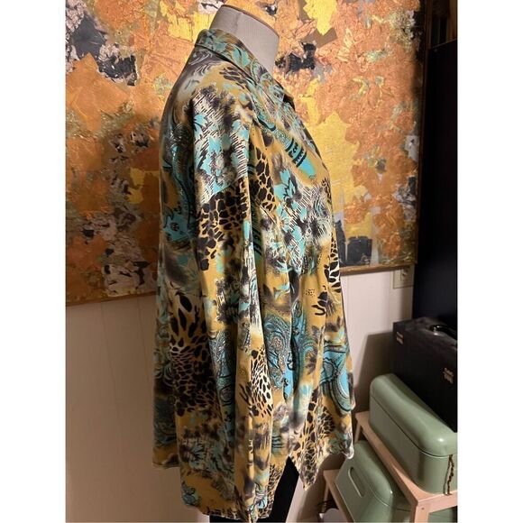 Tianello SS Christina Button Front Blouse Tencel Blend W/ Mixed Earthtone Patter - Picture 4 of 9